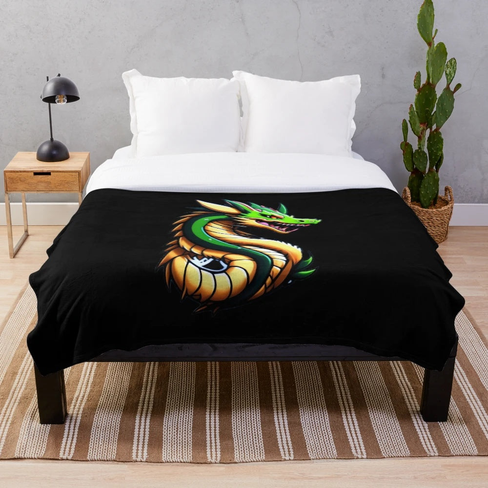 Anime-style illustration of a dragon on a plush blanket