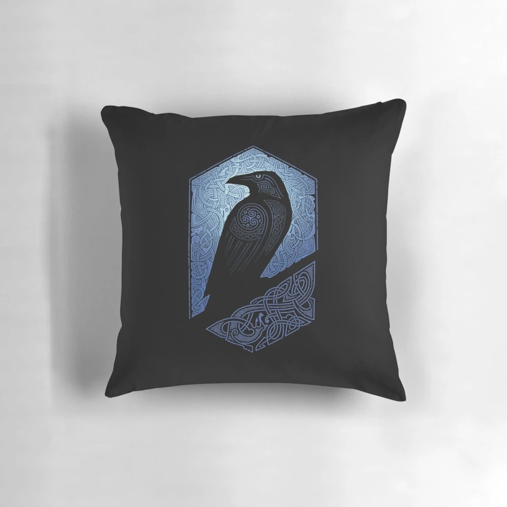 A beautifully designed pillow featuring a mystical raven silhouette in a Scandinavian-inspired style, perfect for adding a touch of Celtic mythology to your home.