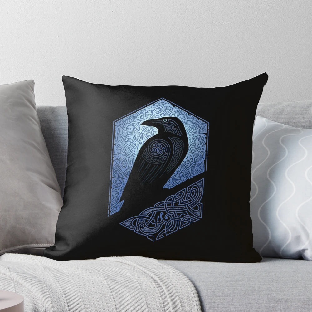 A beautifully designed pillow featuring a mystical raven silhouette in a Scandinavian-inspired style, perfect for adding a touch of Celtic mythology to your home.