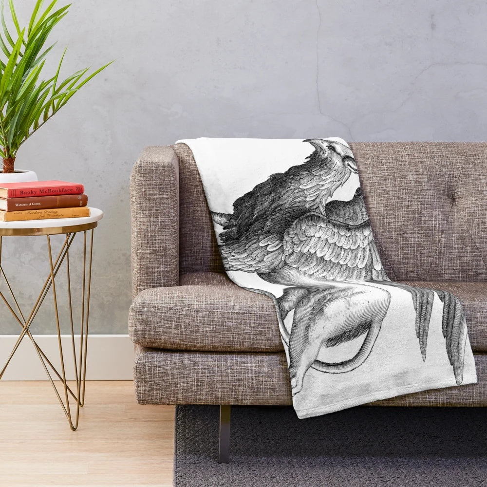 Black and white plush blanket featuring a griffin, a powerful mythical hybrid creature