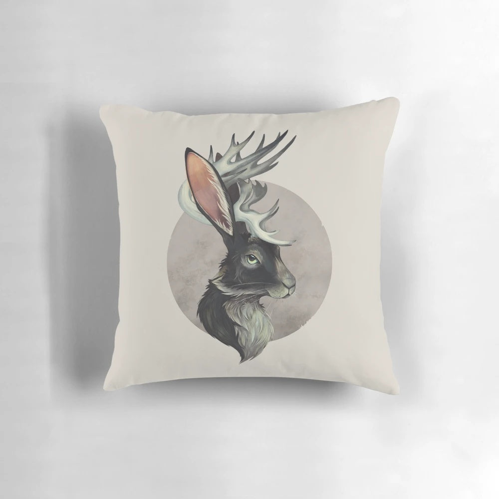 A cozy and unique jackalope-themed decorative throw pillow for your home.
