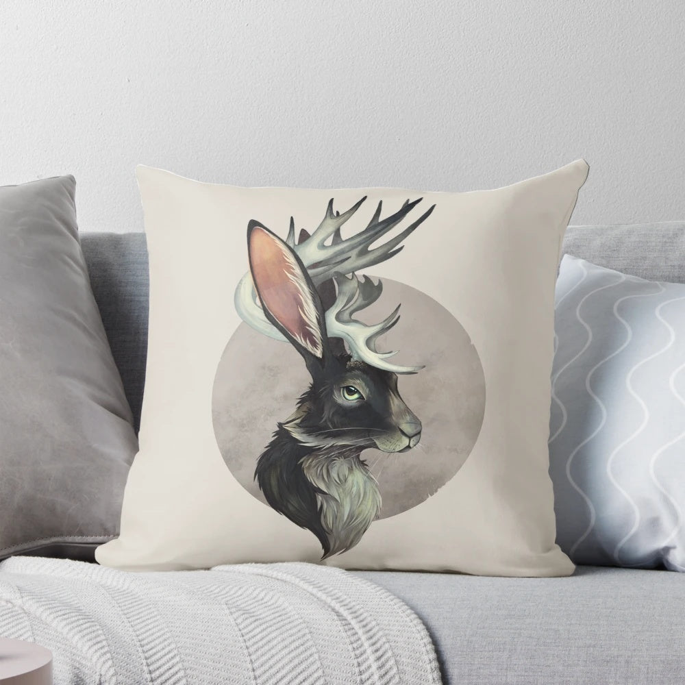 A cozy and unique jackalope-themed decorative throw pillow for your home.