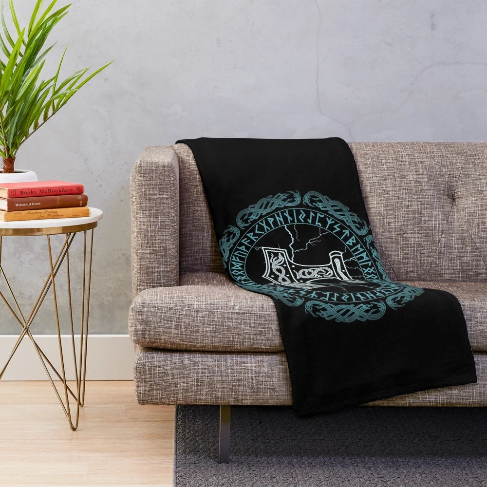 Mjolnir hammer of Thor plush blanket with runic designs and Norse mythology symbols
