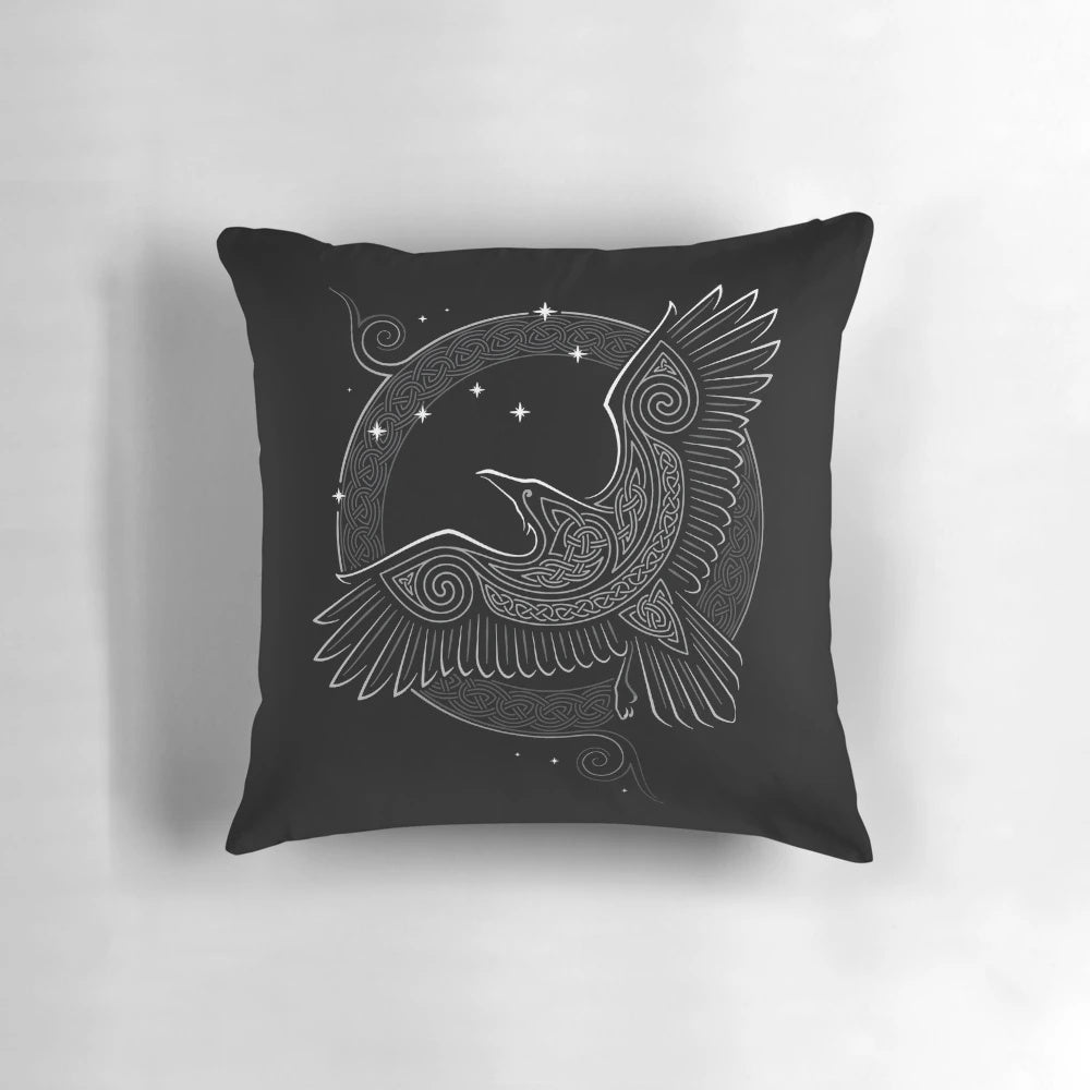 Northern Raven Pillow featuring a majestic raven design inspired by Scandinavian mythology.