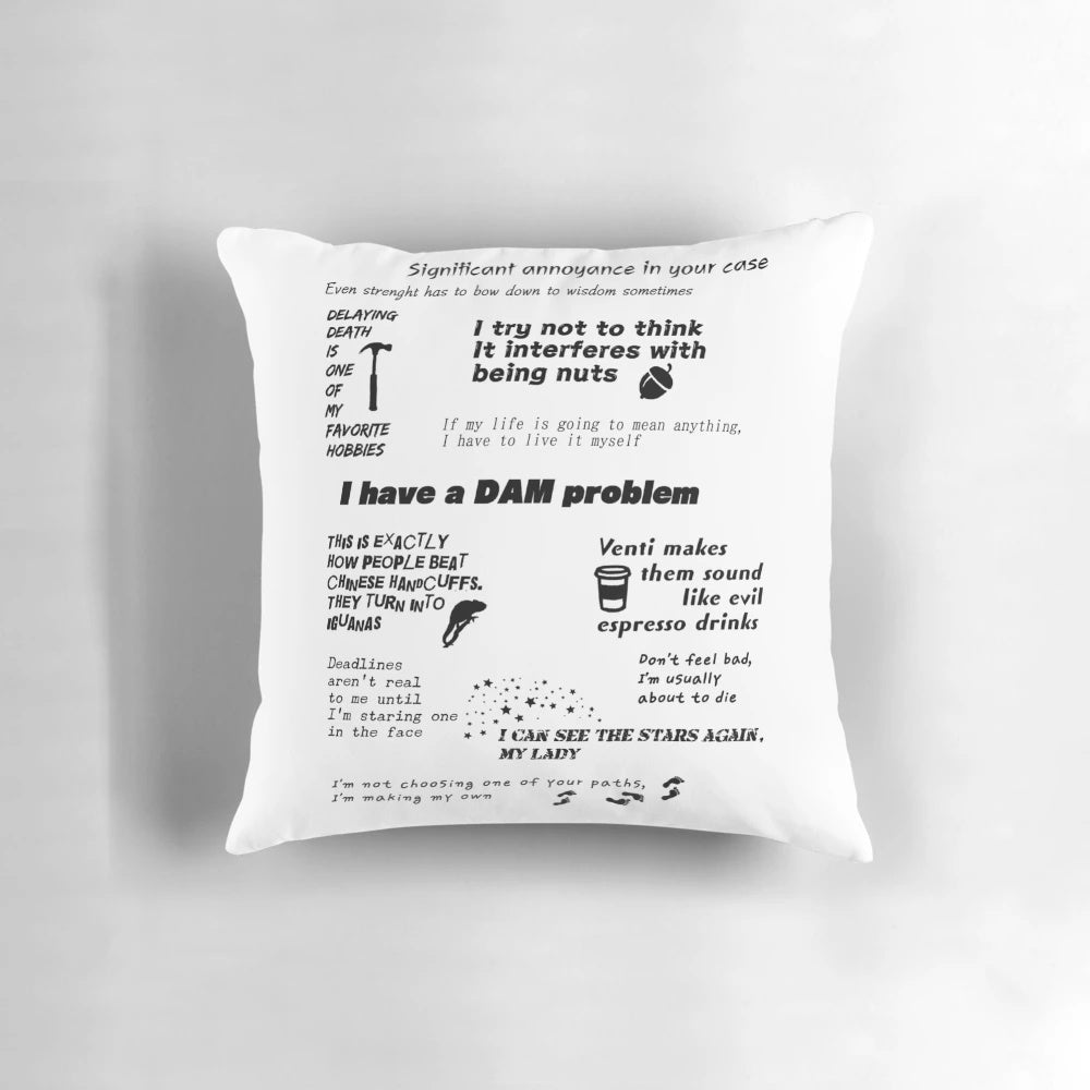 Pillow featuring humorous quotes from the Heroes of Olympus book series by Rick Riordan