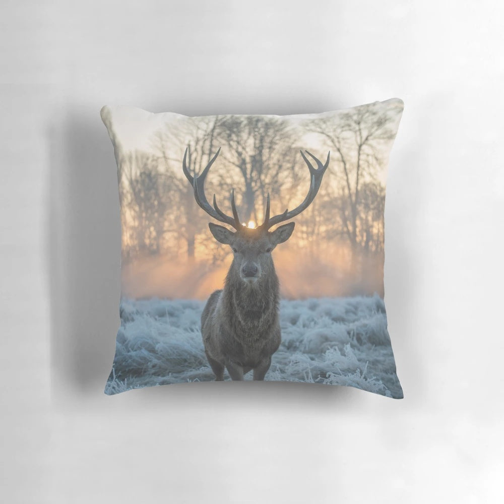 Golden shot pillow featuring a mythical Scottish stag in the highlands