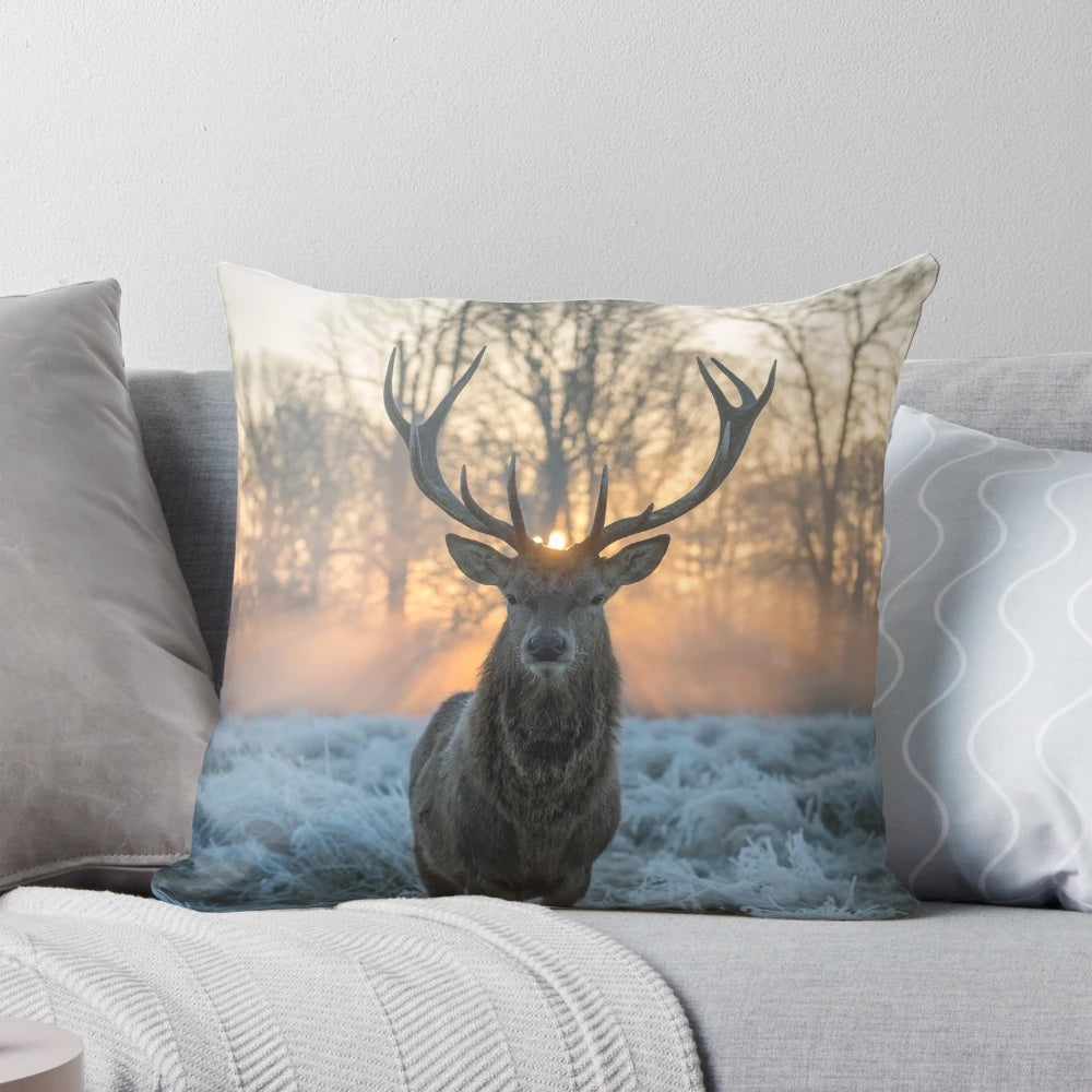 Golden shot pillow featuring a mythical Scottish stag in the highlands