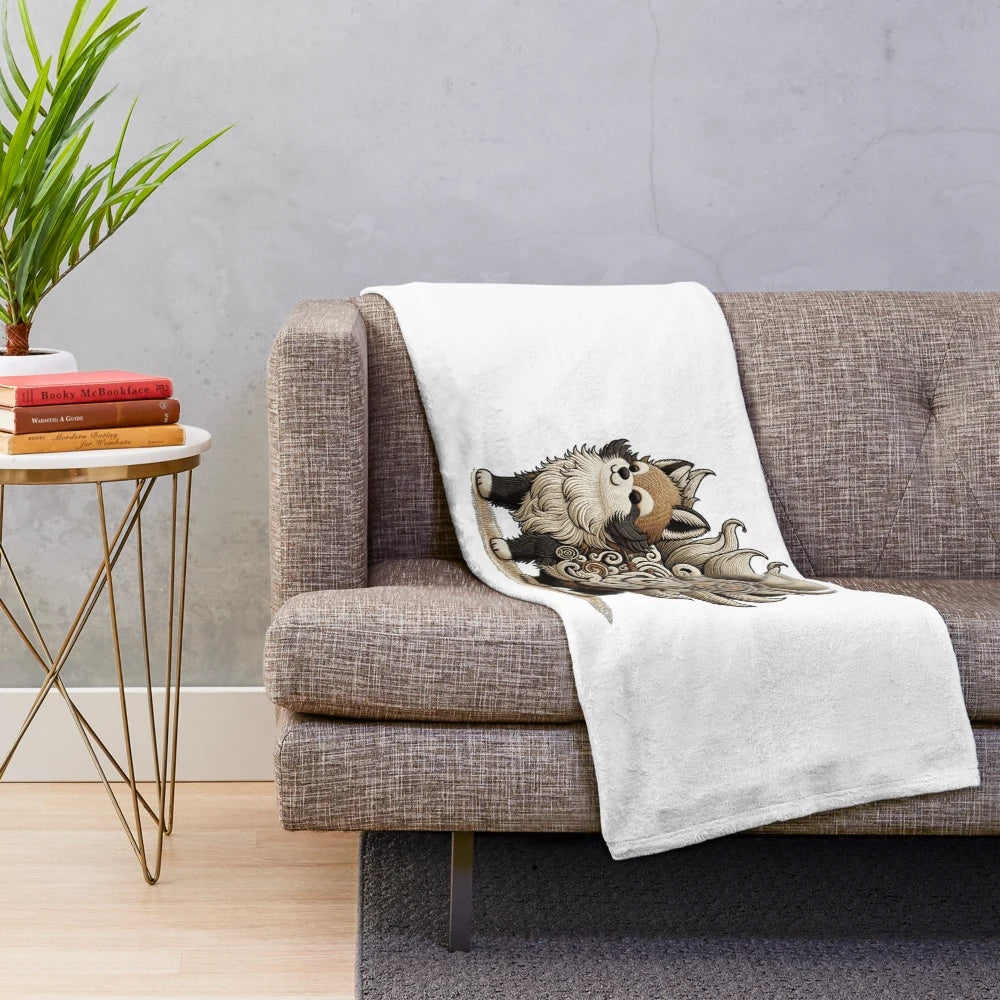 Wind Tanuki plush blanket with embroidered legendary Japanese tanuki creature