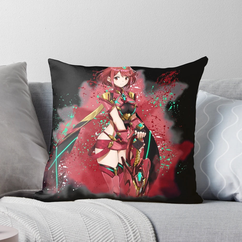 Decorative pillow featuring a fiery, mythical sword design inspired by the Xeno series anime characters Mythra and Pyra.
