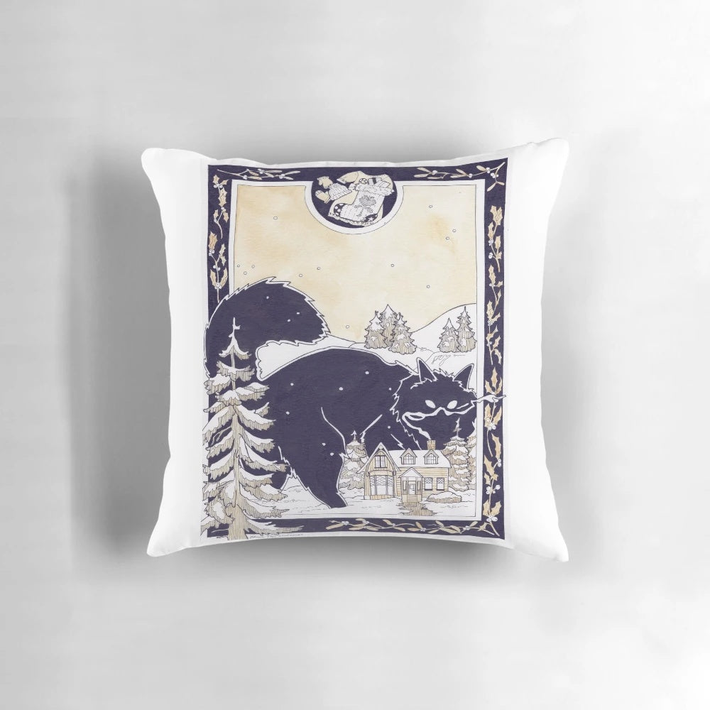 Plush Yule Cat pillow with intricate ink design, a festive Christmas cryptid for holiday home decor