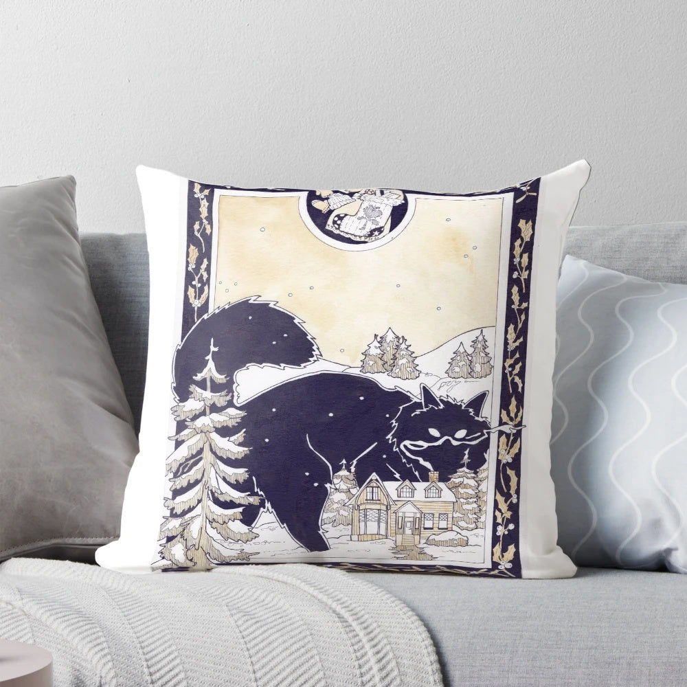 Plush Yule Cat pillow with intricate ink design, a festive Christmas cryptid for holiday home decor
