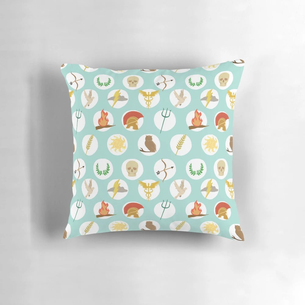 Pillow with a repeat pattern design featuring the Greek gods from Greek mythology, inspired by the Percy Jackson book series.