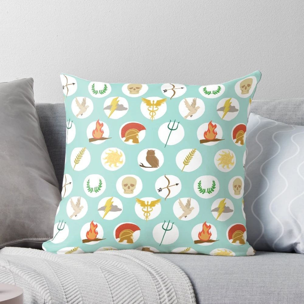 Pillow with a repeat pattern design featuring the Greek gods from Greek mythology, inspired by the Percy Jackson book series.