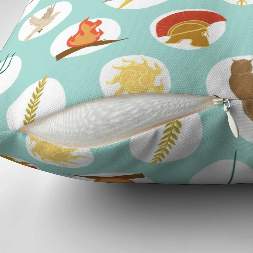 Pillow with a repeat pattern design featuring the Greek gods from Greek mythology, inspired by the Percy Jackson book series.