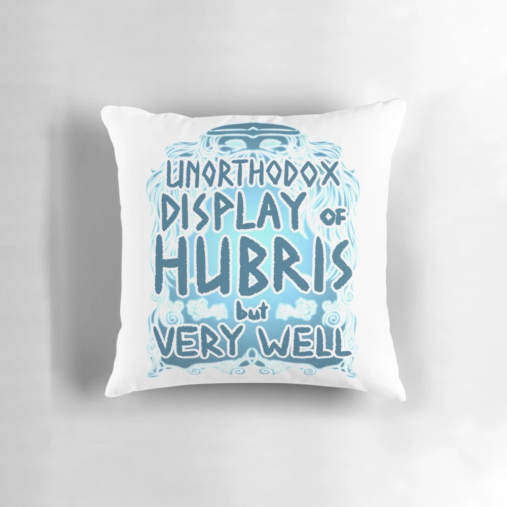 Pillow featuring a design inspired by Norse mythology and the concept of hubris