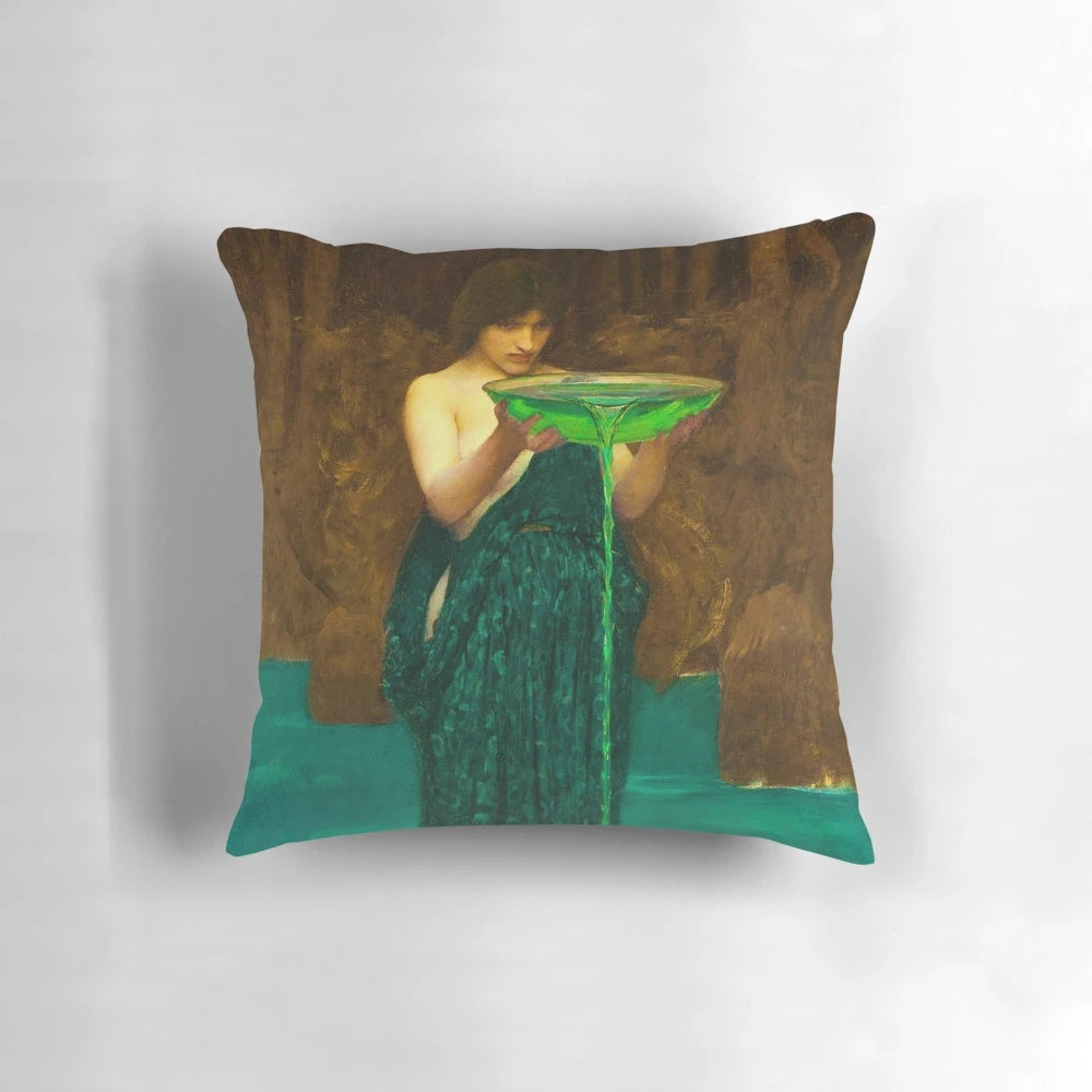 Detailed reproduction of John William Waterhouse's "Circe Invidiosa" painting on a high-quality pillow