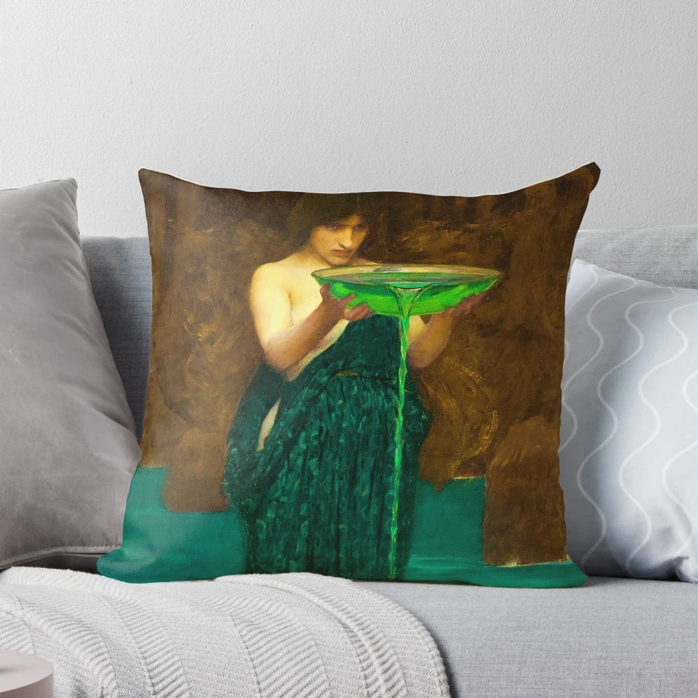 Detailed reproduction of John William Waterhouse's "Circe Invidiosa" painting on a high-quality pillow