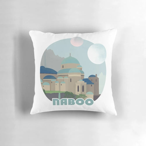 "Naboo Retro Travel Poster Pillow featuring iconic Star Wars imagery"