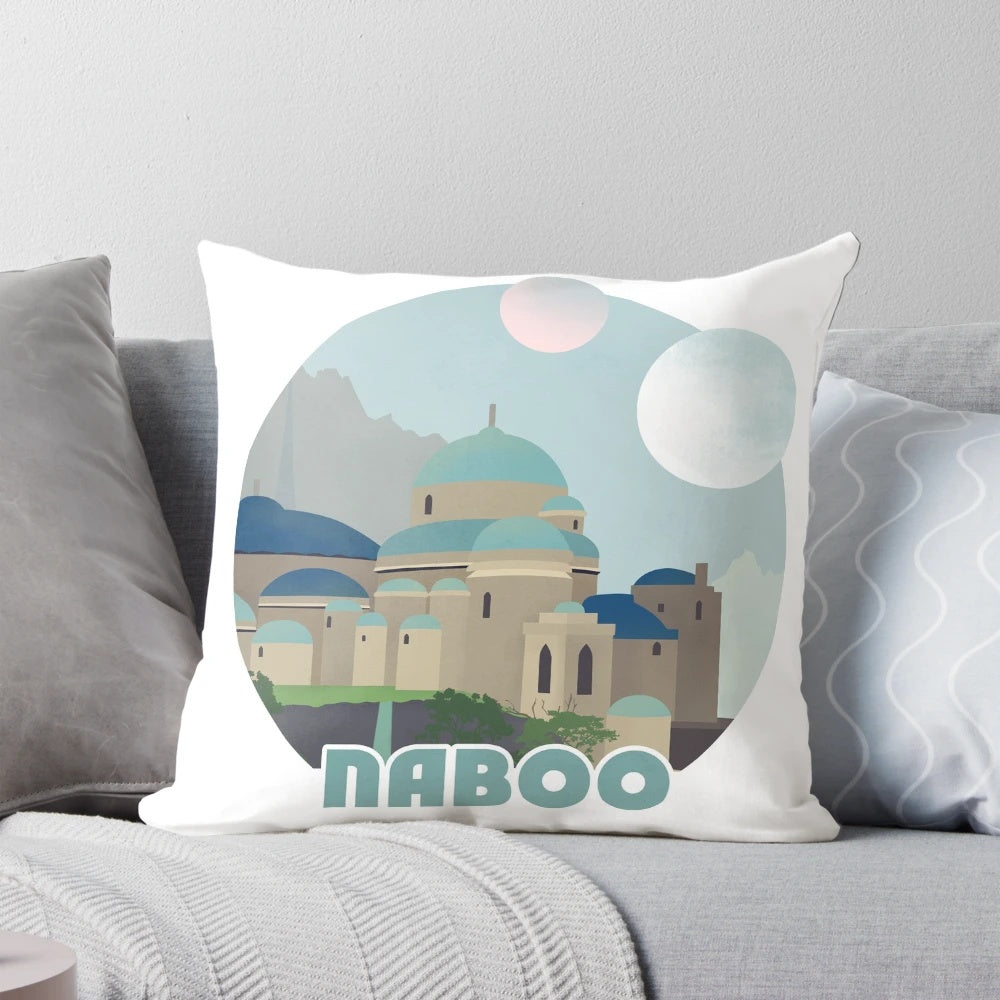 "Naboo Retro Travel Poster Pillow featuring iconic Star Wars imagery"