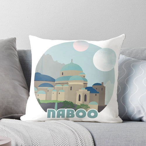 "Naboo Retro Travel Poster Pillow featuring iconic Star Wars imagery"