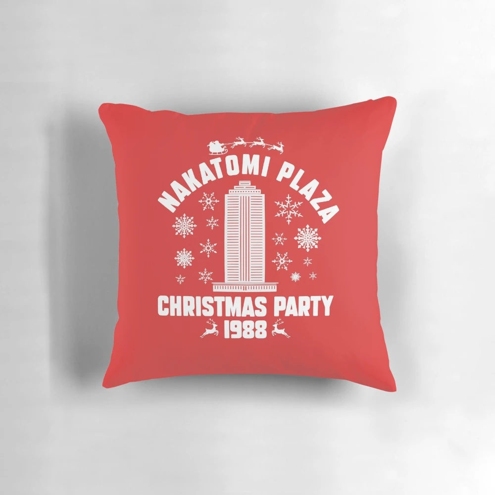 Nakatomi Plaza Die Hard Christmas Pillow with characters and holiday elements