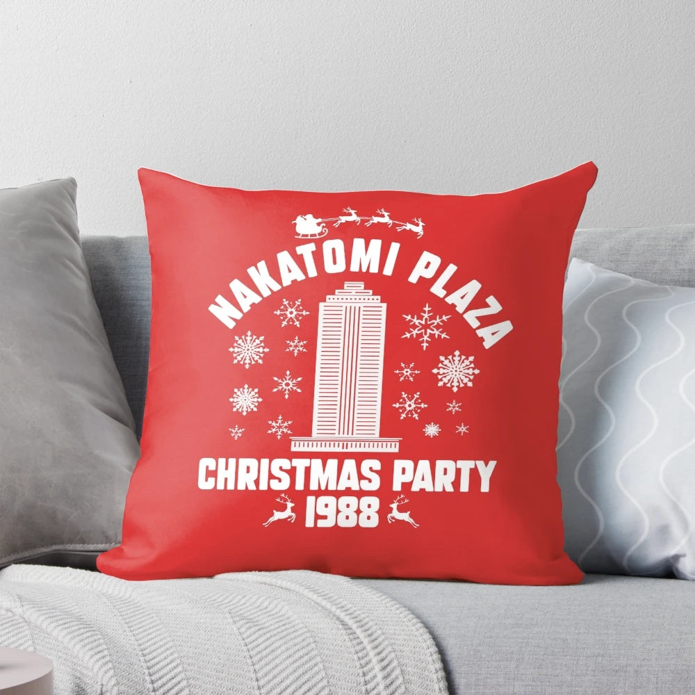 Nakatomi Plaza Die Hard Christmas Pillow with characters and holiday elements