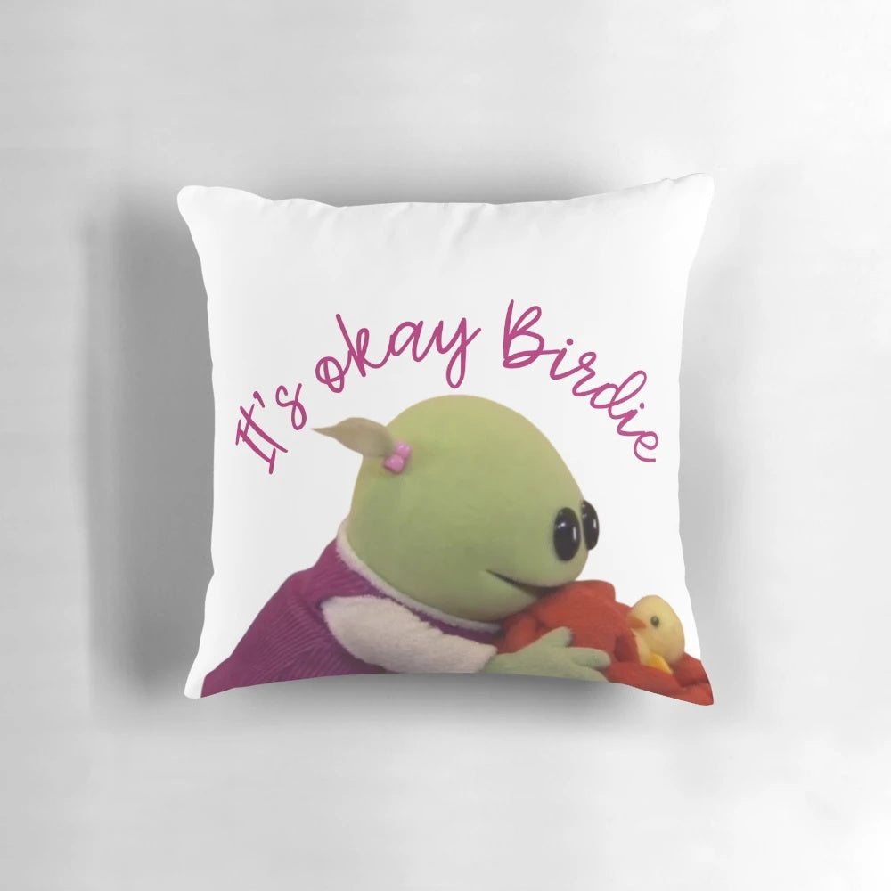 A cozy, decorative pillow featuring the Nanalan character "Birdie" and the "Wonderful Girl" meme.