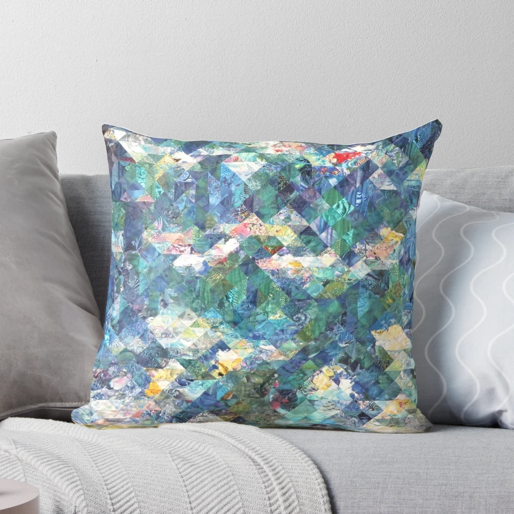Quilted throw pillow with a beautiful impressionist-style painting of water lilies, inspired by the artwork of Claude Monet.