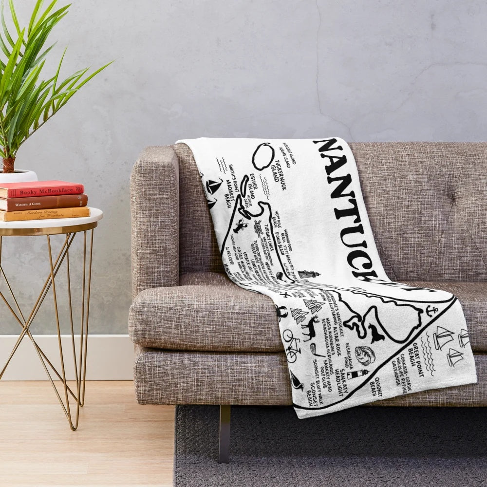 Nantucket map plush blanket featuring an artistic illustration of Nantucket island