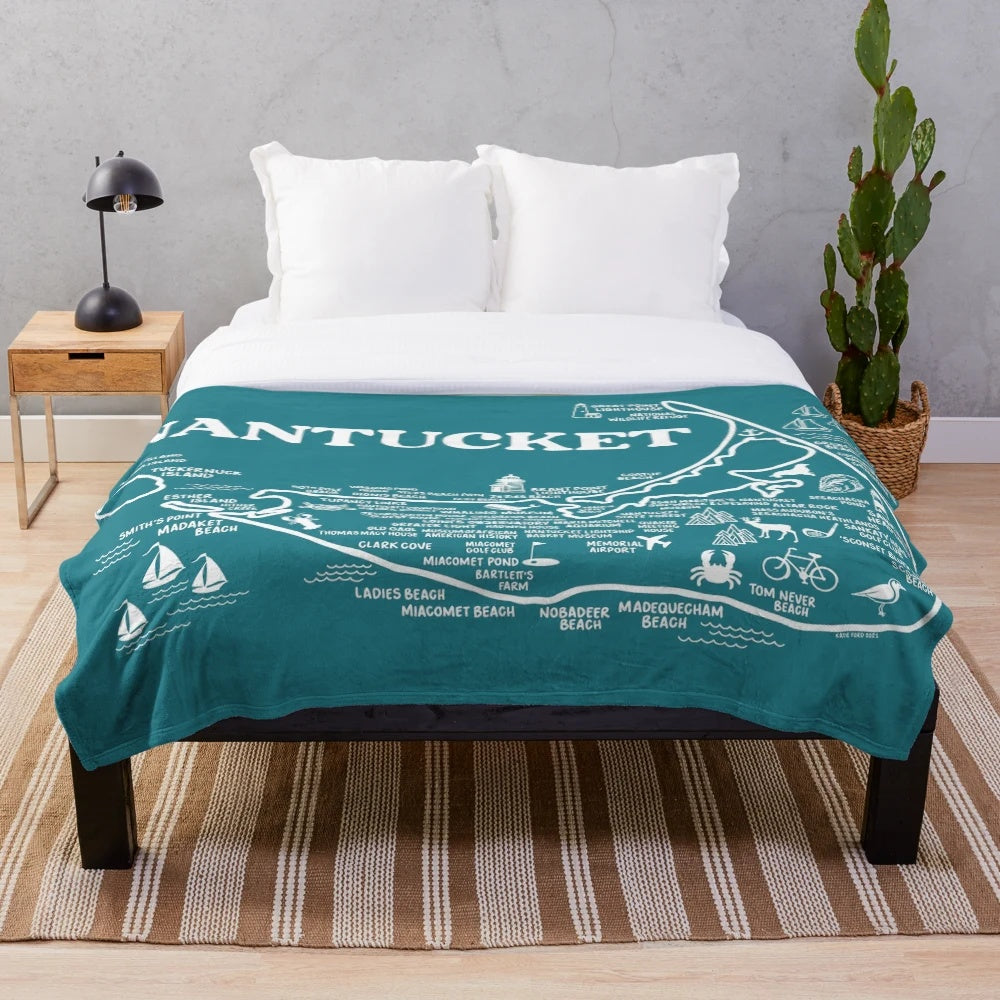 Nantucket map plush blanket featuring a detailed illustration of the Nantucket island