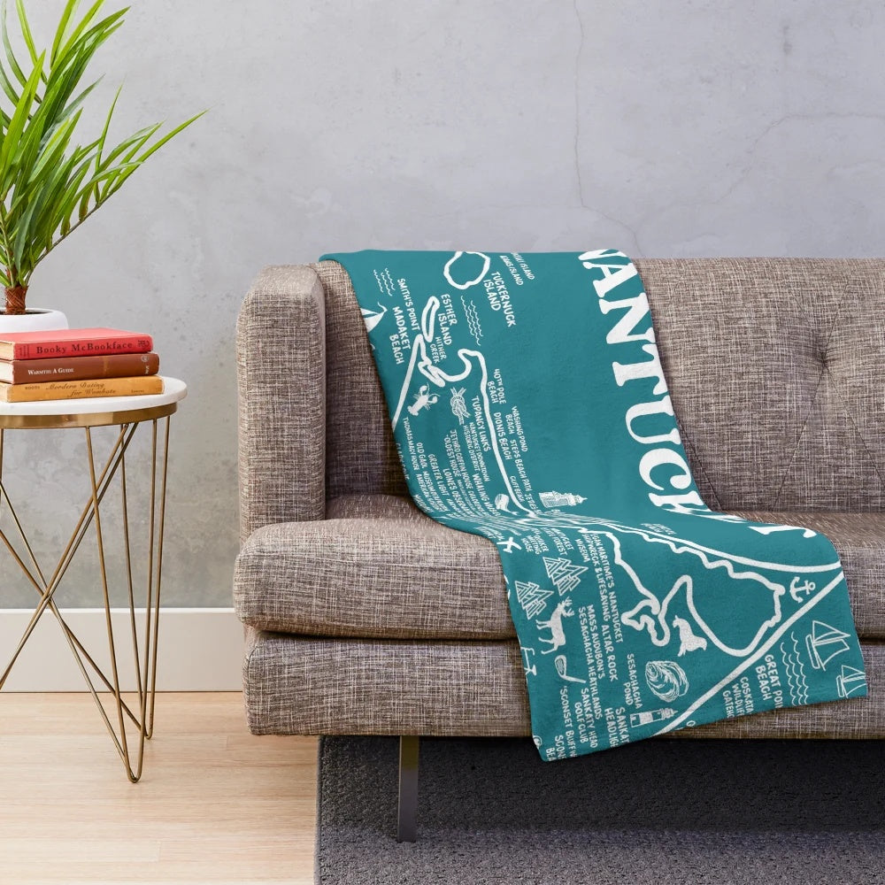 Nantucket map plush blanket featuring a detailed illustration of the Nantucket island