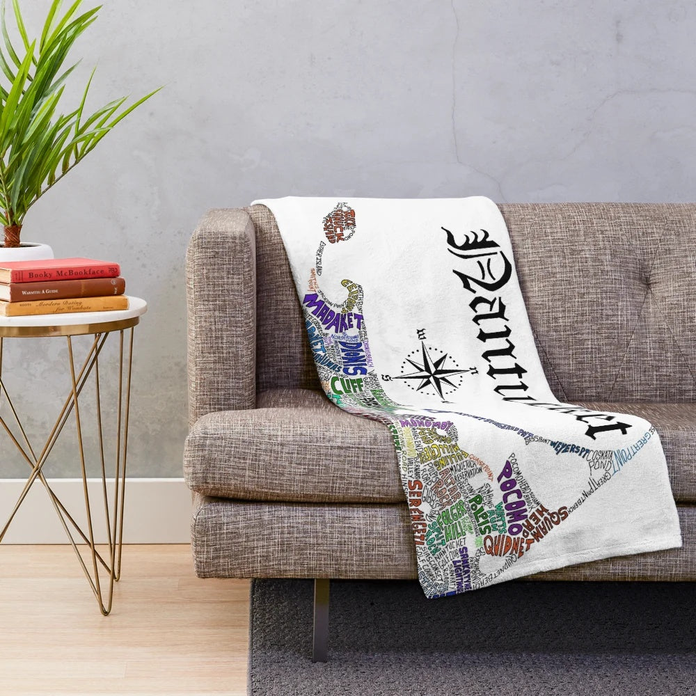 Nantucket plush blanket featuring a map of Massachusetts with town names