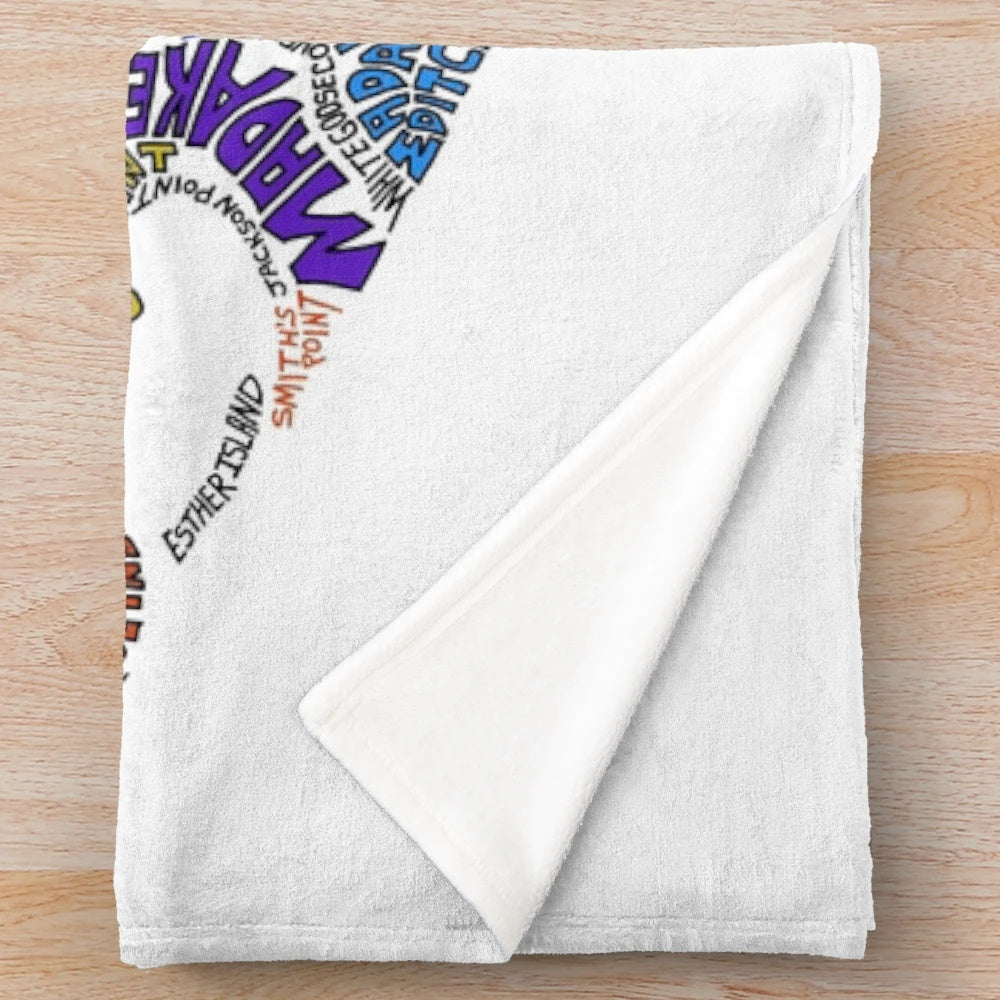 Nantucket plush blanket featuring a map of Massachusetts with town names