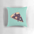 Soft, fluffy pillow with a surreal space-themed design featuring astronauts, planets, and a giant pizza slice.