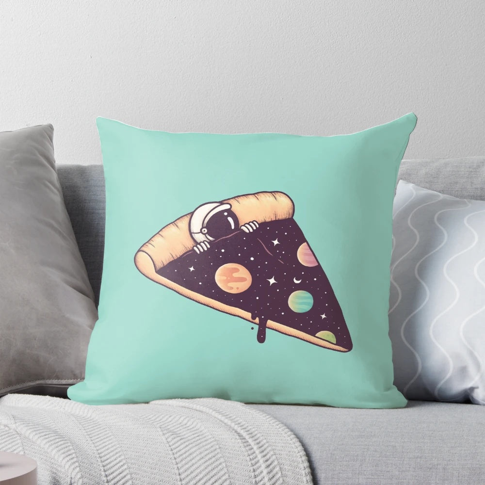 Soft, fluffy pillow with a surreal space-themed design featuring astronauts, planets, and a giant pizza slice.