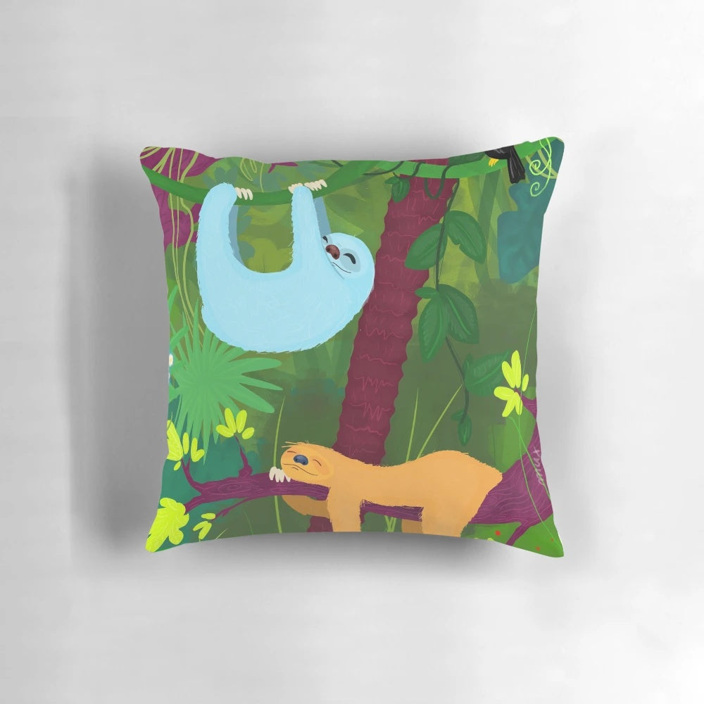 A cozy and comfortable jungle-themed pillow featuring a sloth and fireflies, perfect for naptime and relaxation.