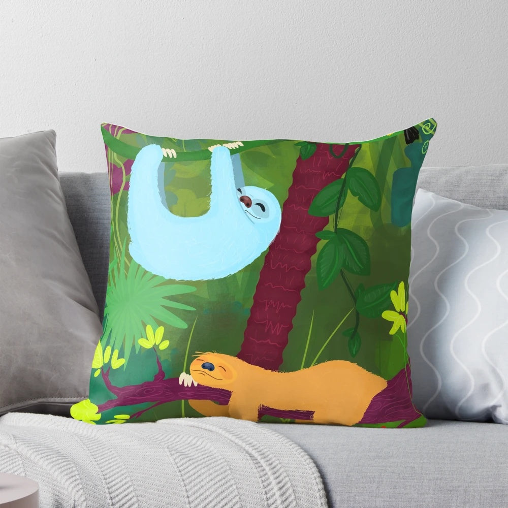 A cozy and comfortable jungle-themed pillow featuring a sloth and fireflies, perfect for naptime and relaxation.