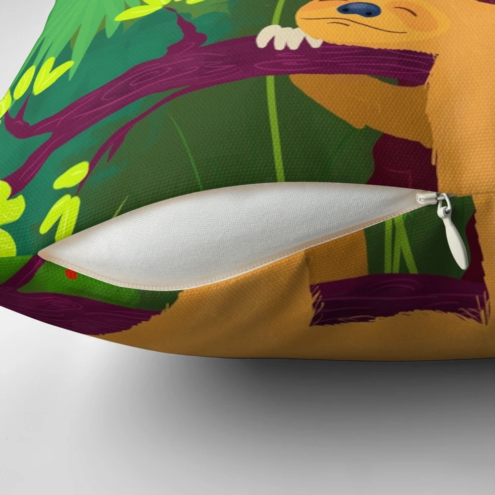 A cozy and comfortable jungle-themed pillow featuring a sloth and fireflies, perfect for naptime and relaxation.