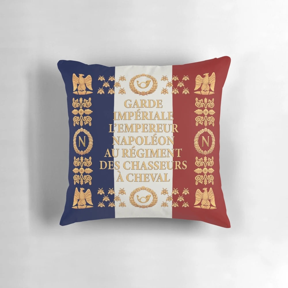 Decorative pillow featuring the historical flag of the Napoleonic French Chasseurs à Cheval cavalry regiment