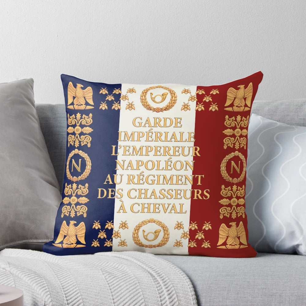 Decorative pillow featuring the historical flag of the Napoleonic French Chasseurs à Cheval cavalry regiment