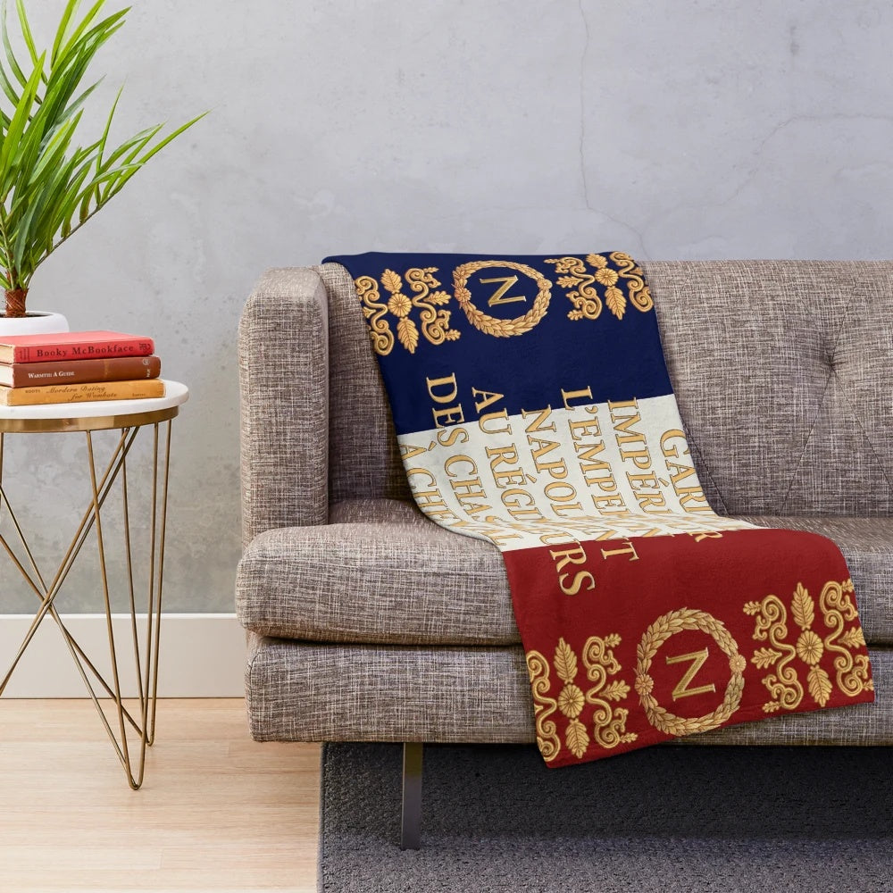 Napoleonic-inspired French flag plush blanket featuring the Chasseurs à Cheval de la Garde emblem