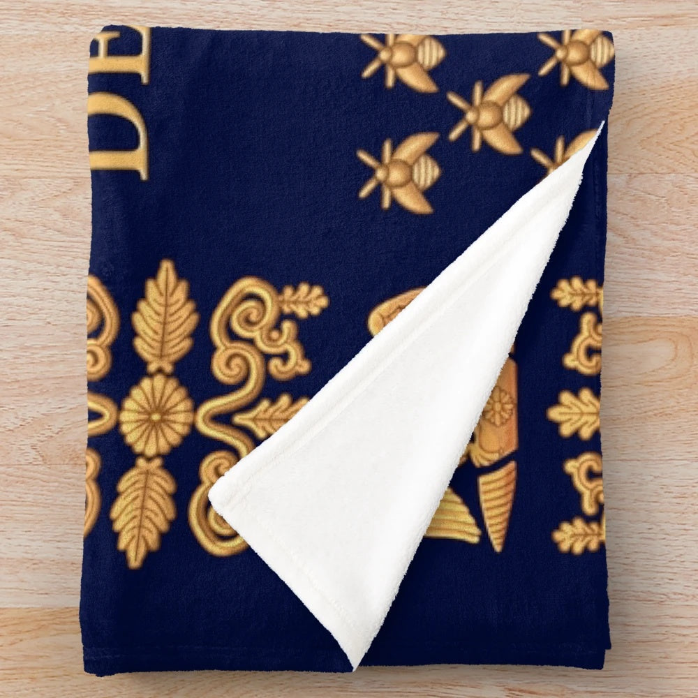 Napoleonic-inspired French flag plush blanket featuring the Chasseurs à Cheval de la Garde emblem