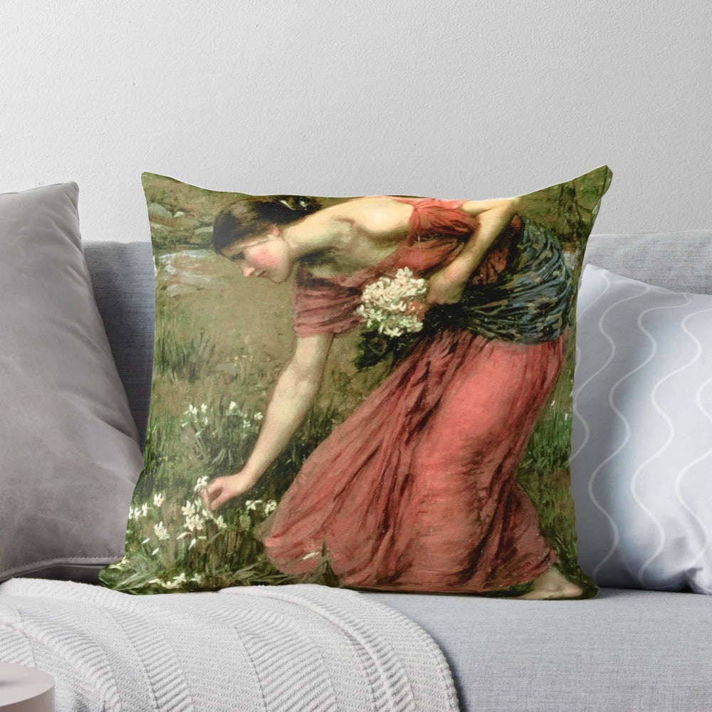 A detailed, high-quality pillow featuring the iconic painting "Narcissus" by renowned Pre-Raphaelite artist John William Waterhouse.