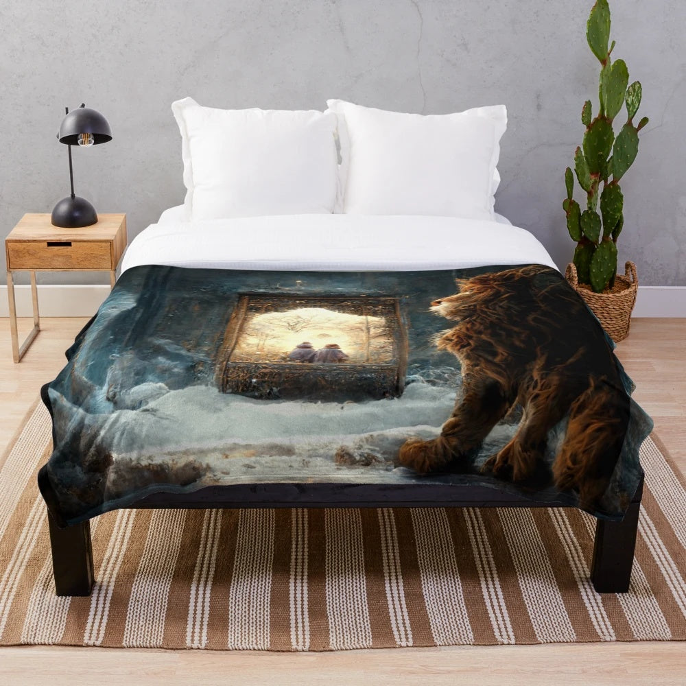 The Lion, the Witch and the Wardrobe-inspired plush blanket with fantasy characters and winter scenery
