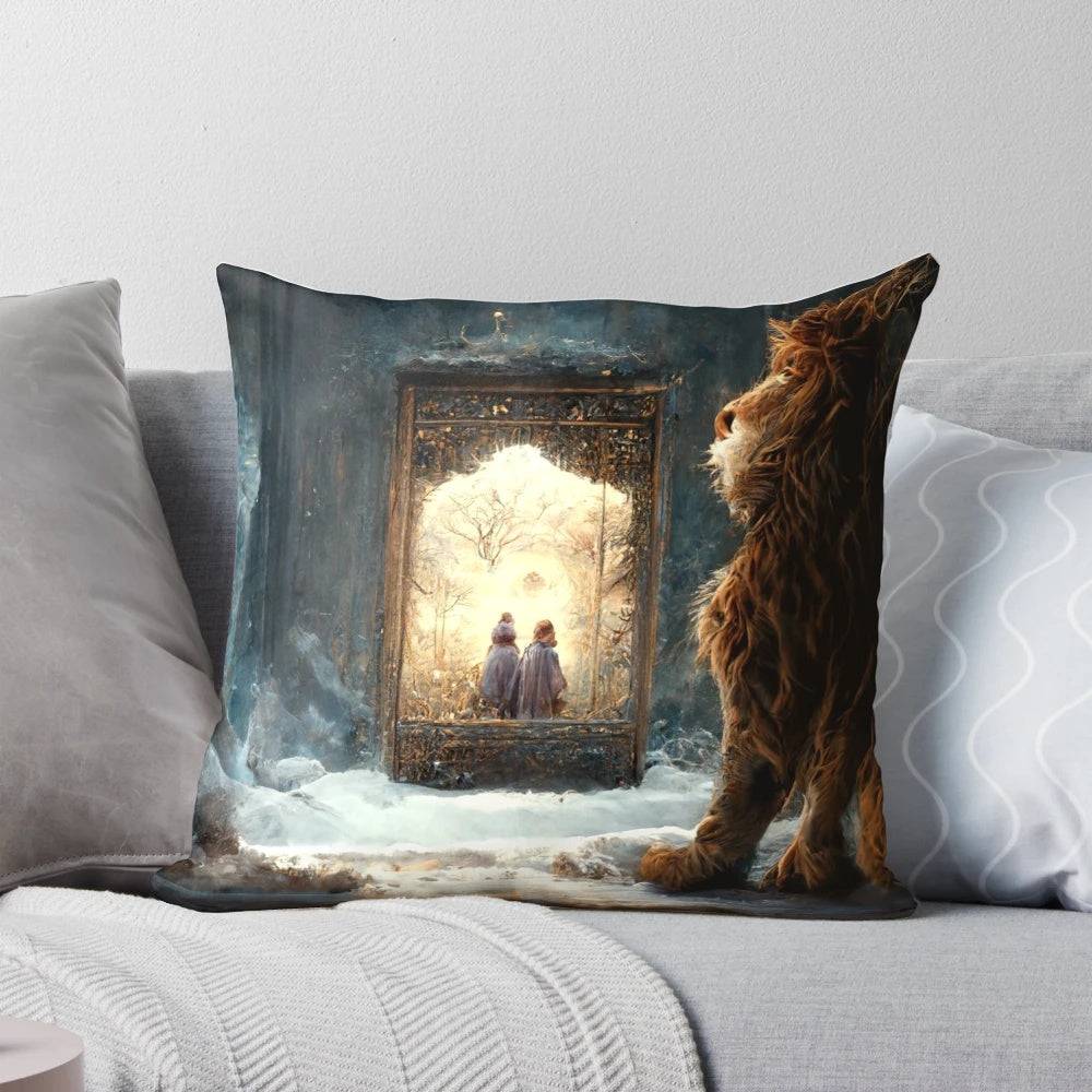 Narnia-themed pillow featuring characters and scenes from The Lion, The Witch and The Wardrobe