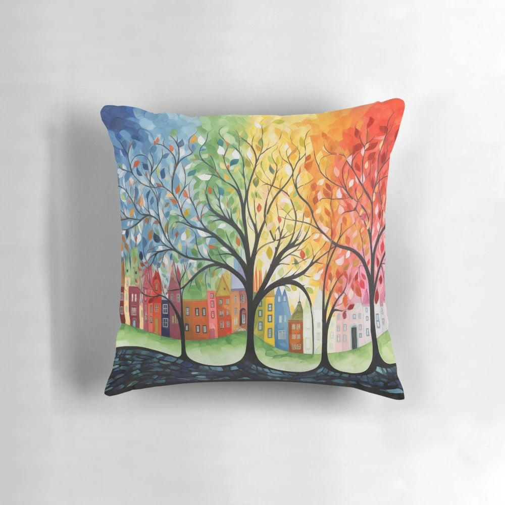Nasturama 4 Seasons Pillow featuring vibrant, colorful artwork by Hundertwasser