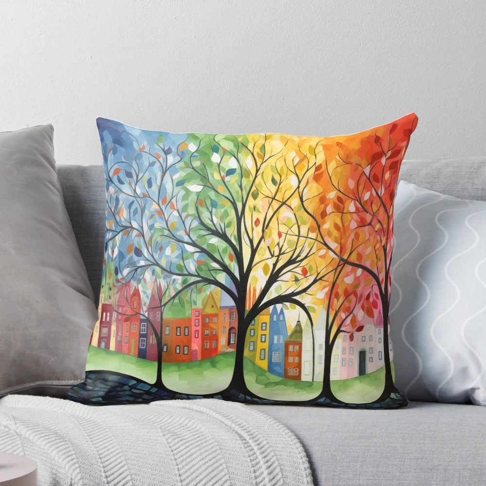 Nasturama 4 Seasons Pillow featuring vibrant, colorful artwork by Hundertwasser
