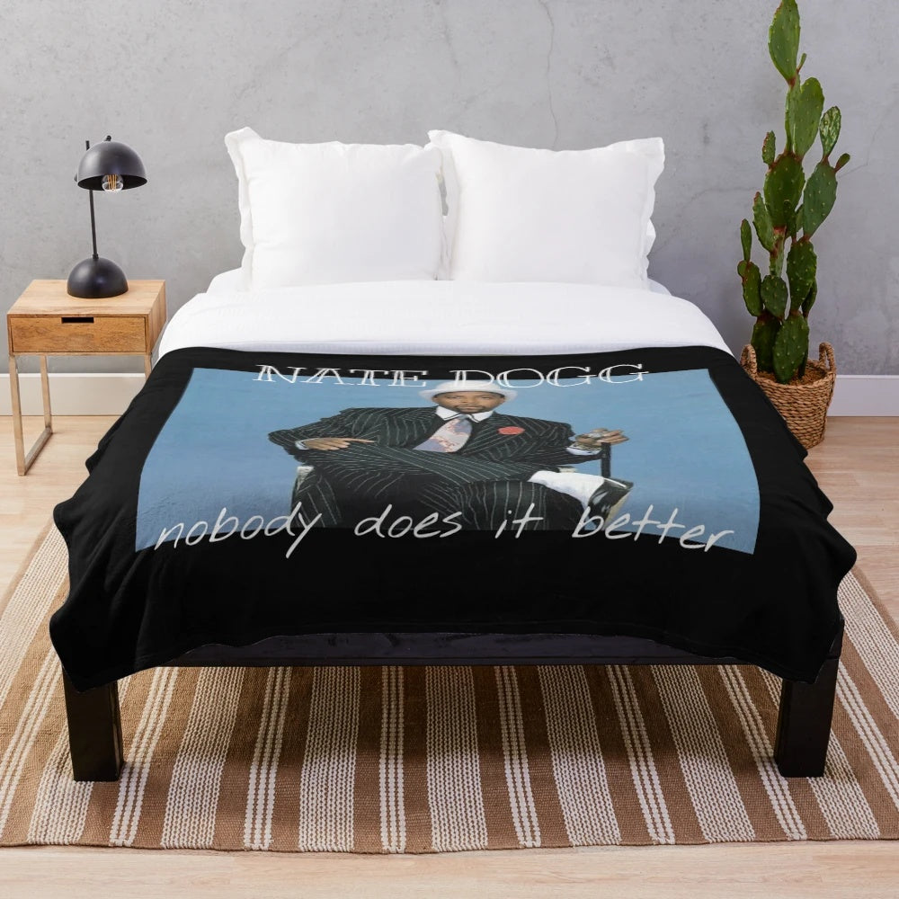 Nate Dogg-inspired plush blanket featuring g-funk and 90s rap designs