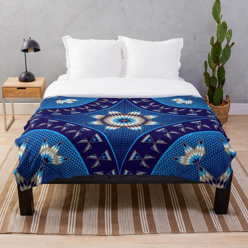 Native American inspired plush blanket with morning star and blue diamond design