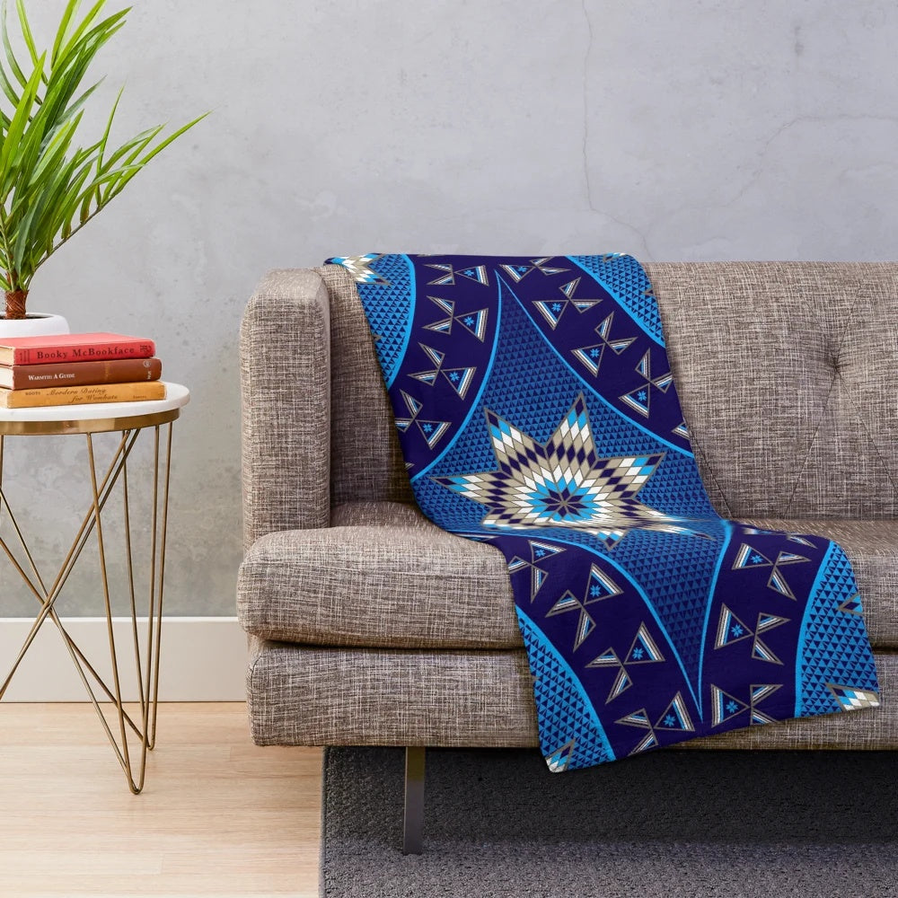 Native American inspired plush blanket with morning star and blue diamond design